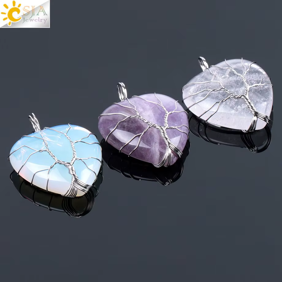 CSJA arbre de vie fil enveloppé amour coeur collier et pendentif Suspension pierre gemme naturelle