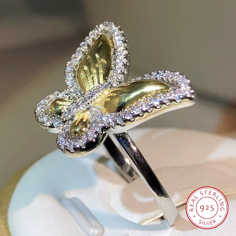Bague papillon en argent regardé 925 avec nœud doré pour femme