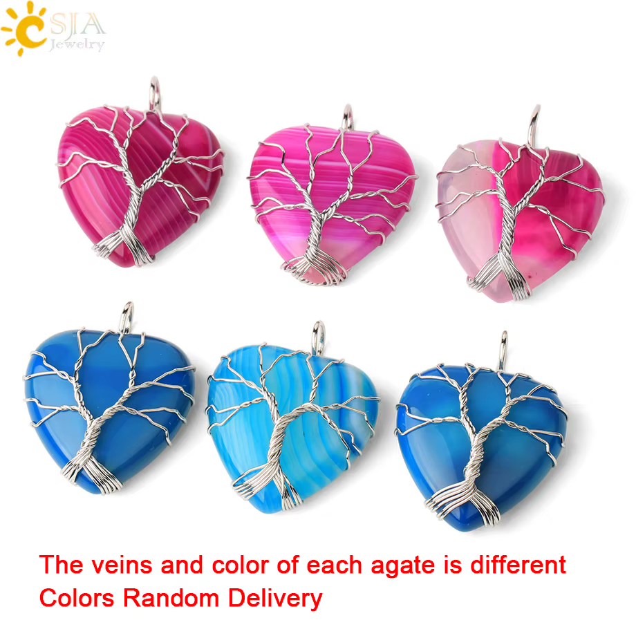 CSJA arbre de vie fil enveloppé amour coeur collier et pendentif Suspension pierre gemme naturelle