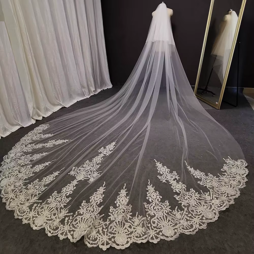 Photos réelles personnalisées 2 T longue dentelle voile de mariage 4 mètres blanc ivoire