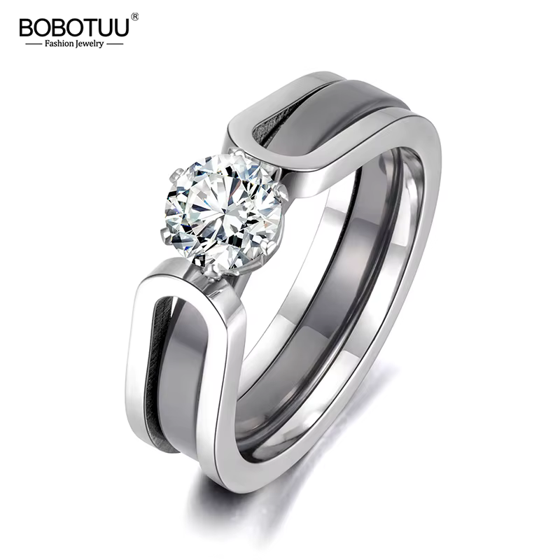 BOBOTUU – bague de mariage en céramique noire/blanche 2 en 1 pour femmes