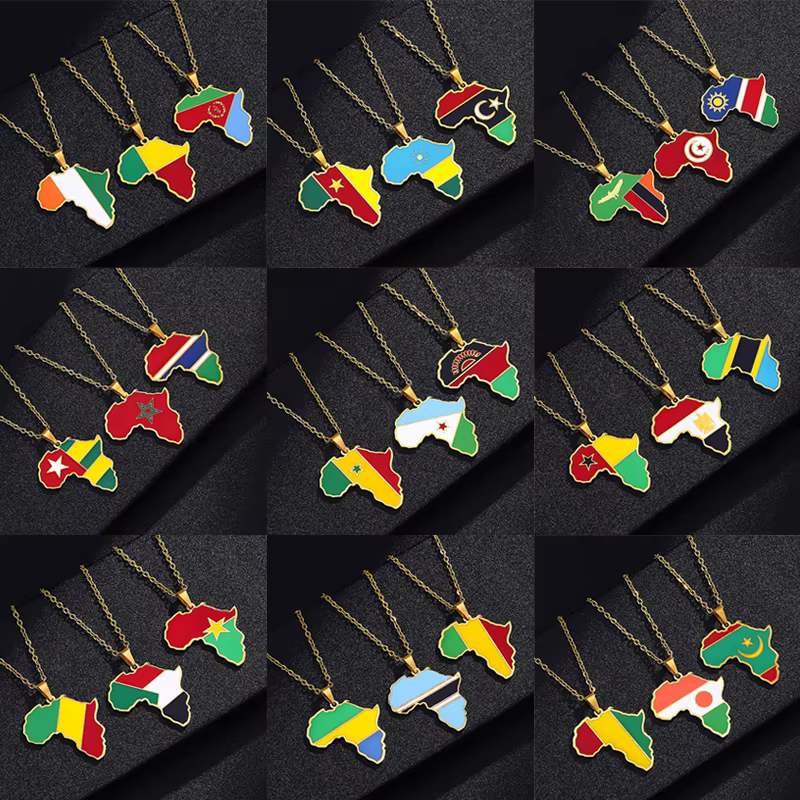 Collier pendentif drapeau carte africaine en acier inoxydable pour hommes et femmes