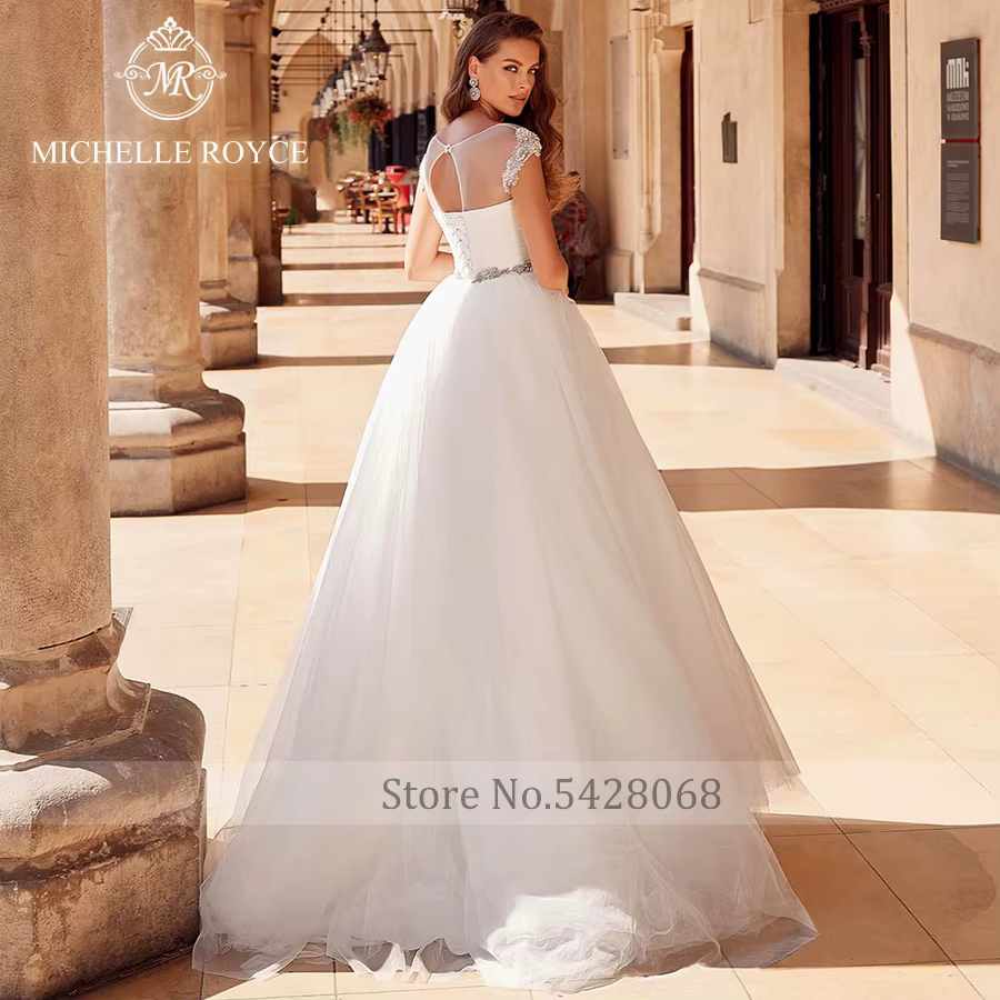 Michelle Royce a-ling robes De mariée réel PhotoScoop sans manches perles à lacets palais rêve Court Train