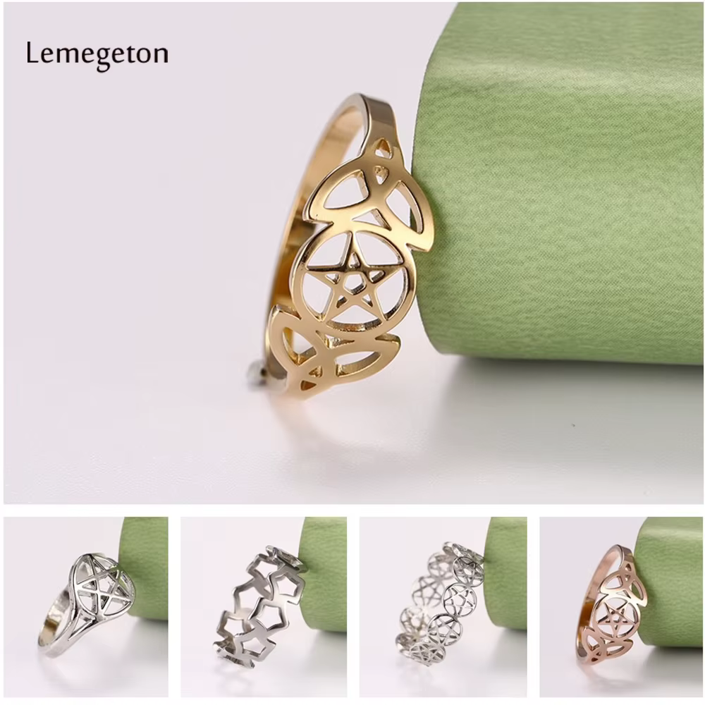 Lemegeton Bague en acier inoxydable avec pentacle naturel pour femmes et filles