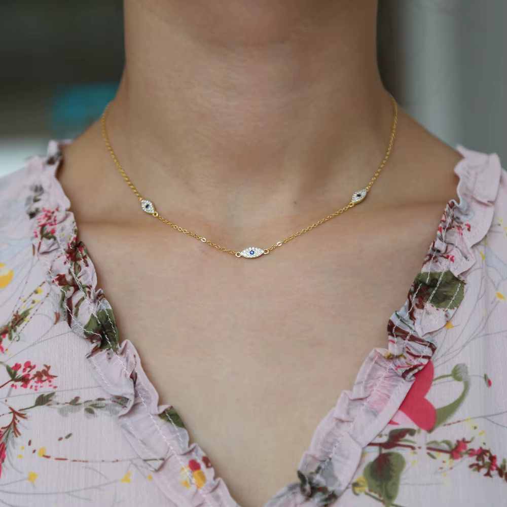 Collier ras du cou délicat en argent fin 2018 avec pendentif œil turc en oxyde de zirconium