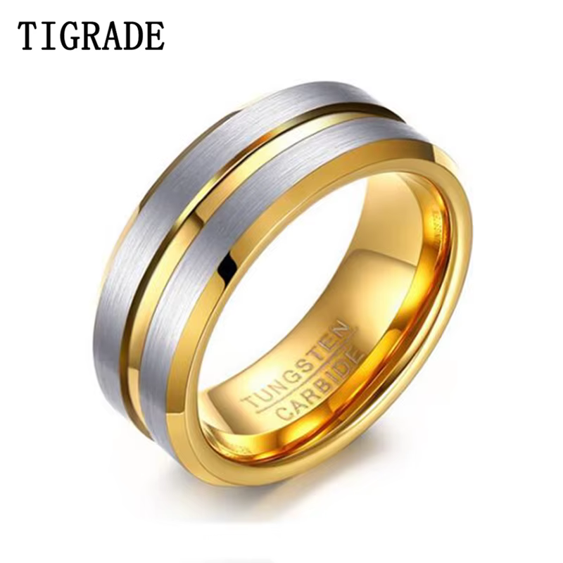 Tigrade-Bague de Luxe en Carbure de Tungstène pour Homme, Alliance de Fiançailles Brossée, Or avec Document Argenté