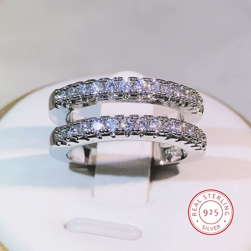 Bague en Zircon blanc à Double rangée de bijoux en argent Sterling 925