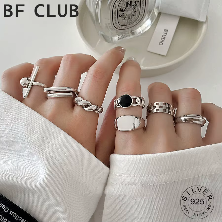 Bague géométrique ronde rétro couleur argent véritable pour femmes