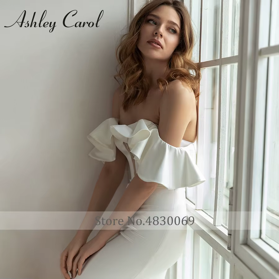 Ashley Carol robe De mariée sirène Satin volants mancherons chérie dentelle dos nu robes