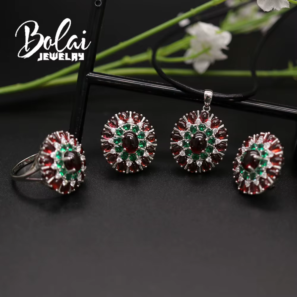 BolaiJewelry-Ensemble bague et boucle d'oreille en grenat naturel