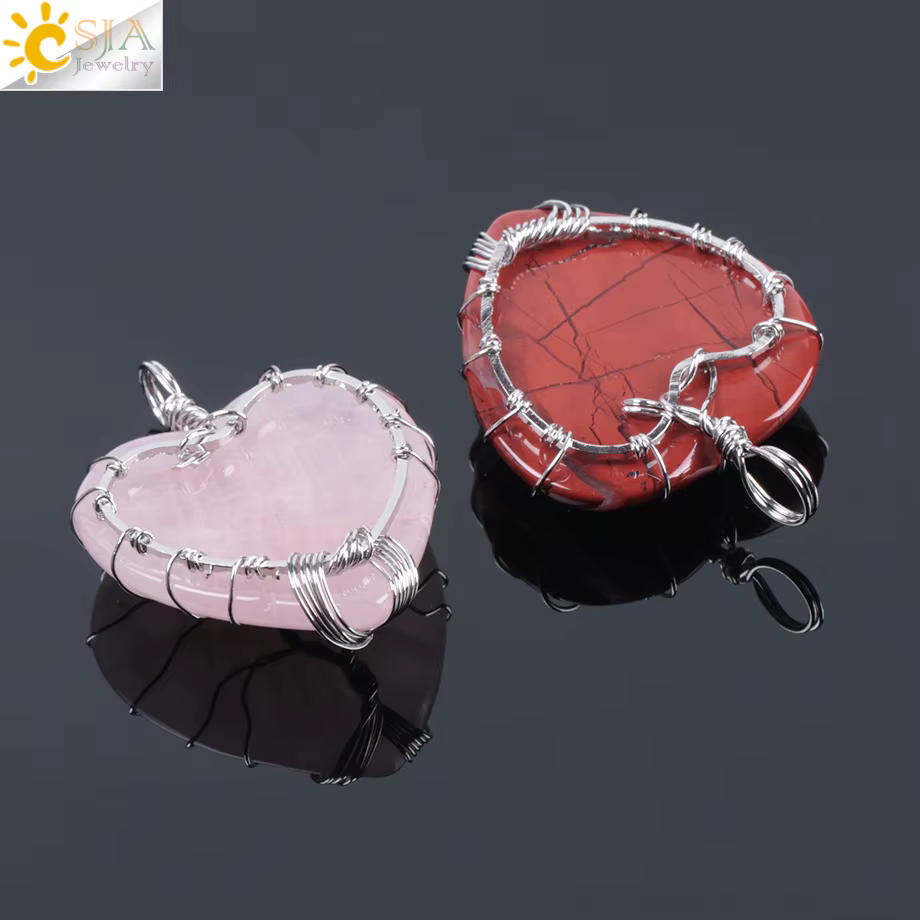 CSJA arbre de vie fil enveloppé amour coeur collier et pendentif Suspension pierre gemme naturelle
