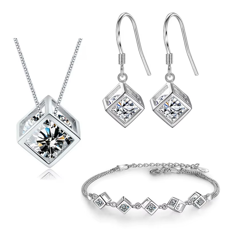 XIYANIKE été couleur argent Simple géométrique carré amour ensembles de bijoux de mariage de haute qualité pour les femmes mariée cadeau NE + EA + BR