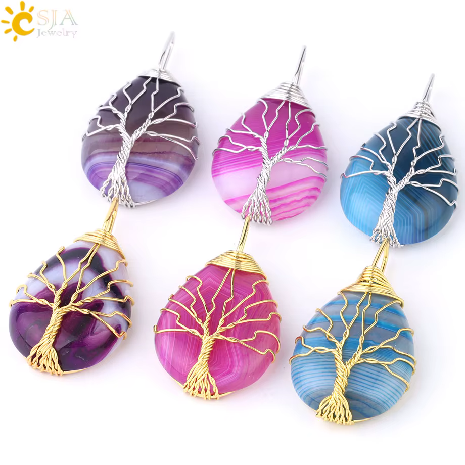 CSJA collier arbre de vie agate pierre naturelle pendentif