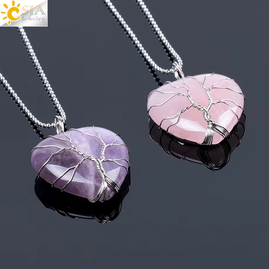 CSJA arbre de vie fil enveloppé amour coeur collier et pendentif Suspension pierre gemme naturelle