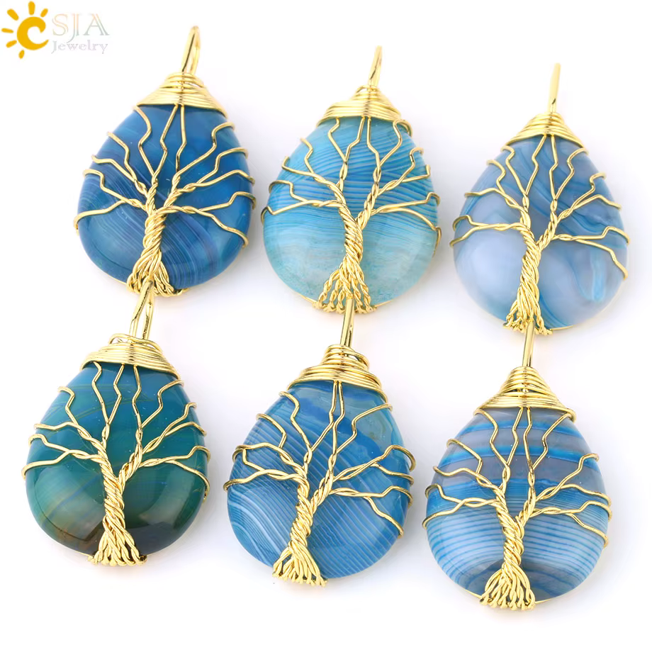 CSJA collier arbre de vie agate pierre naturelle pendentif