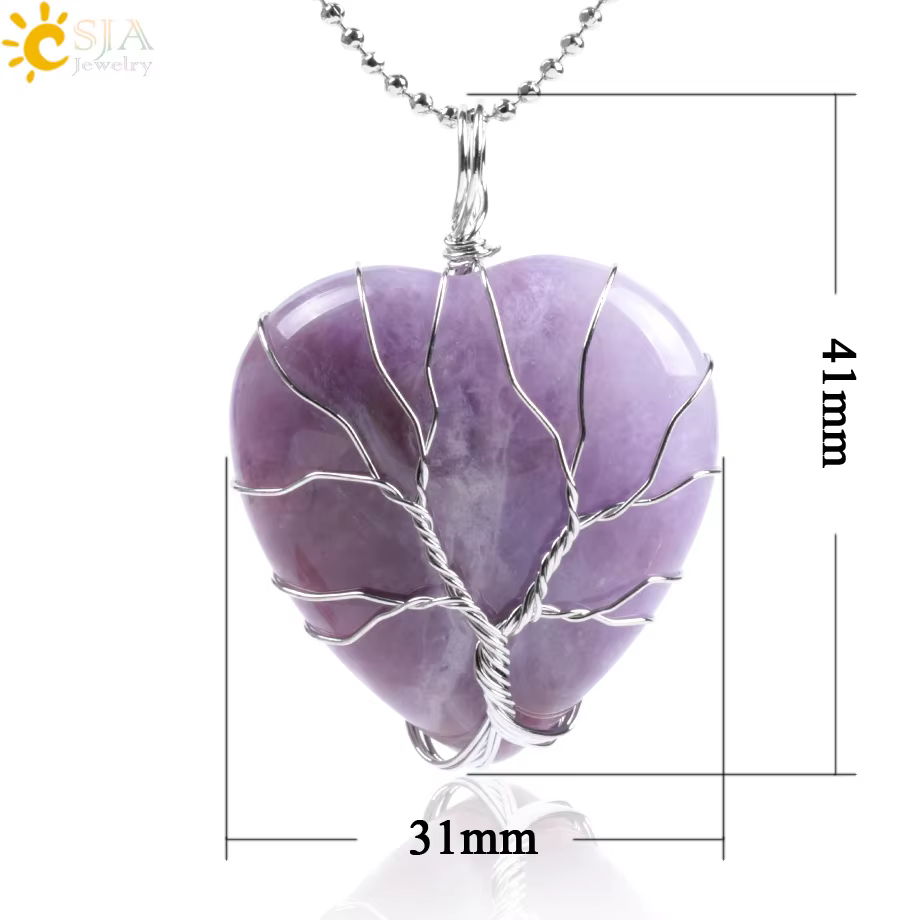 CSJA arbre de vie fil enveloppé amour coeur collier et pendentif Suspension pierre gemme naturelle