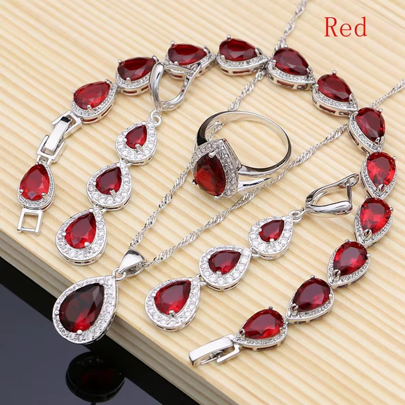 Goutte d'eau argent 925 bijoux rouge rubis blanc topaze ensembles