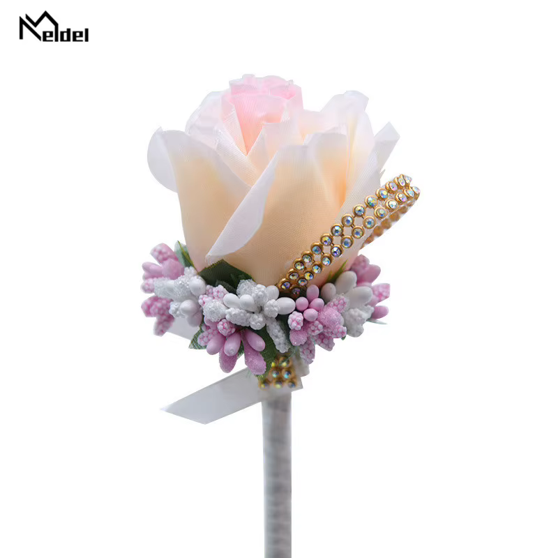 Meldel Mariage Corsages et boutonnières Roses artificielles soie marié boutonnière fleur Groomsman