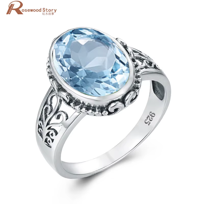 Bague classique vintage en argent 925 aigue-marine pour femme
