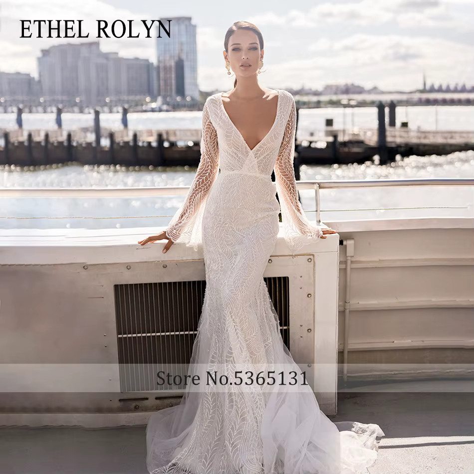 ETHEL ROLYN robe De mariée sirène charmante col en v perlé Tulle