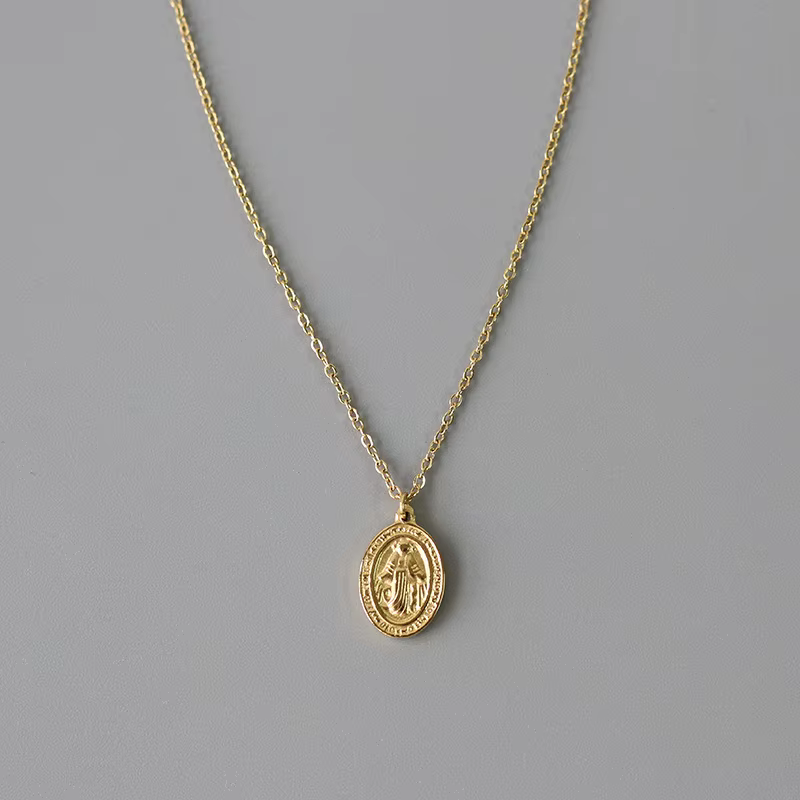 Amaiyllis 18k or vierge marie Double face ovale clavicule Collier pendentif fait à la main tour de cou Boho