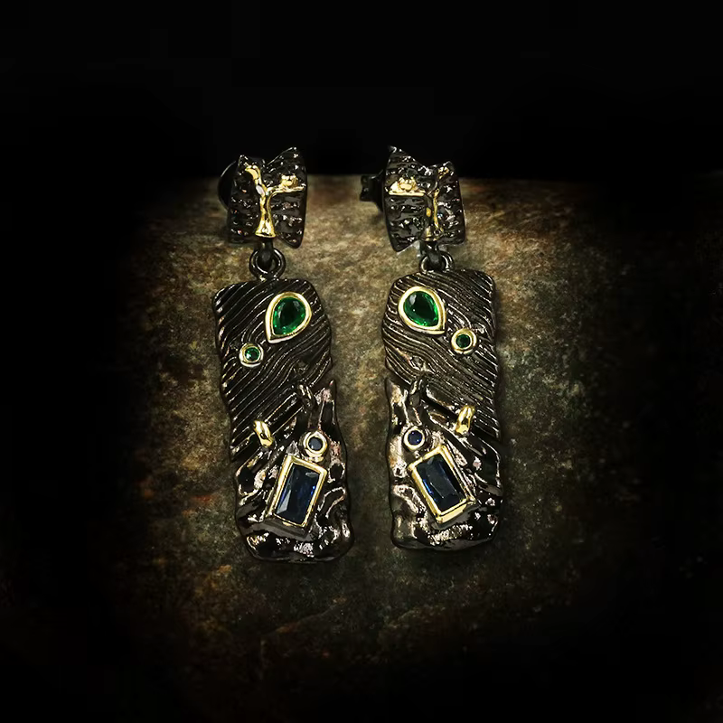 Boucles d'oreilles ethniques rétro en argent 925 plaqué or noir avec pierre verte