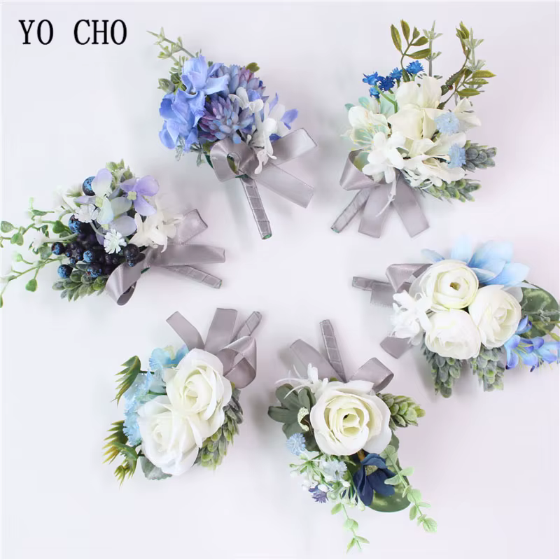 Boutonnière Boutonnière pour Homme et Fille, Boutonnière Blanche et Bleue, Fleur Artificielle, Épingle de Mariage, Corsage de Poignet de la Mariée, Balance CHO