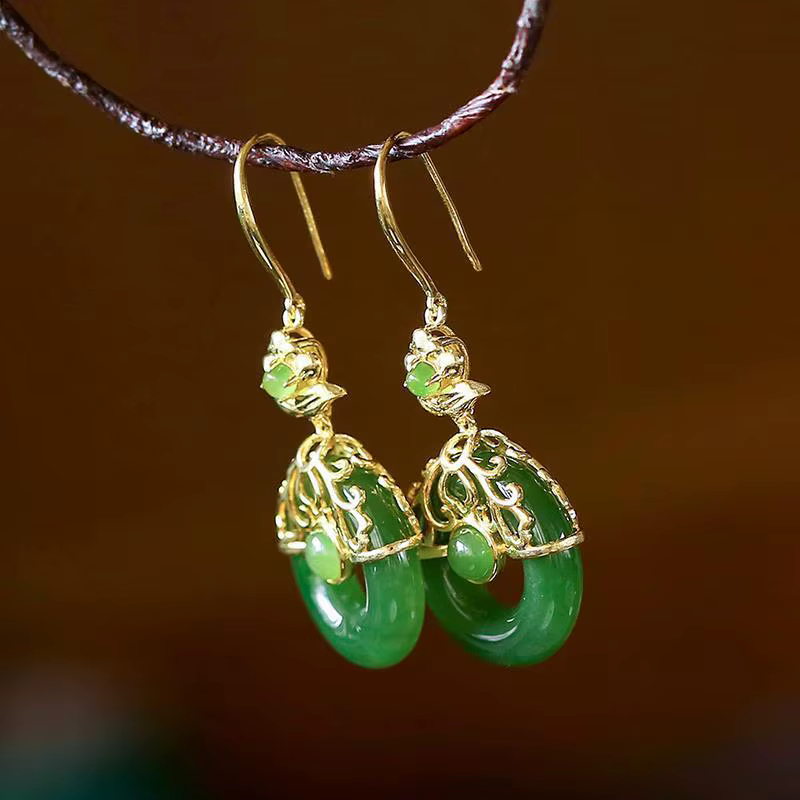 Boucles d'oreilles en jaspe de jade Hetian naturel