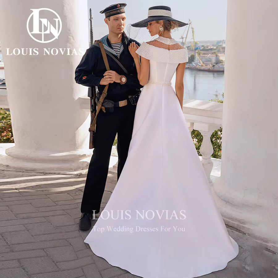 Modiis-Robe de mariée en satin avec perles et mancherons