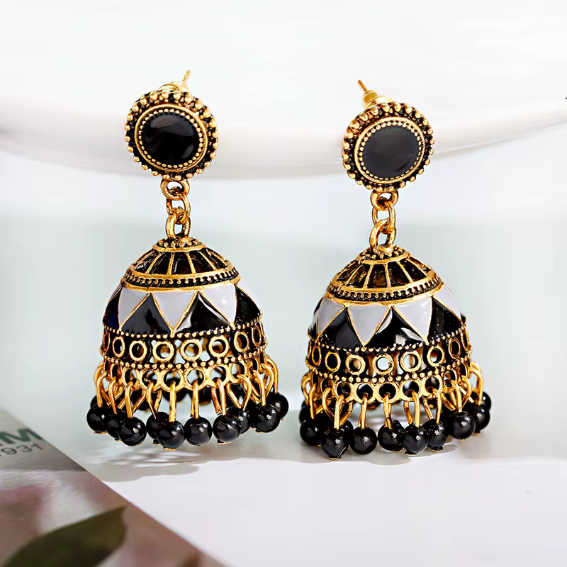Boucles d'Oreilles Ethniques Noires Géométriques en Or
