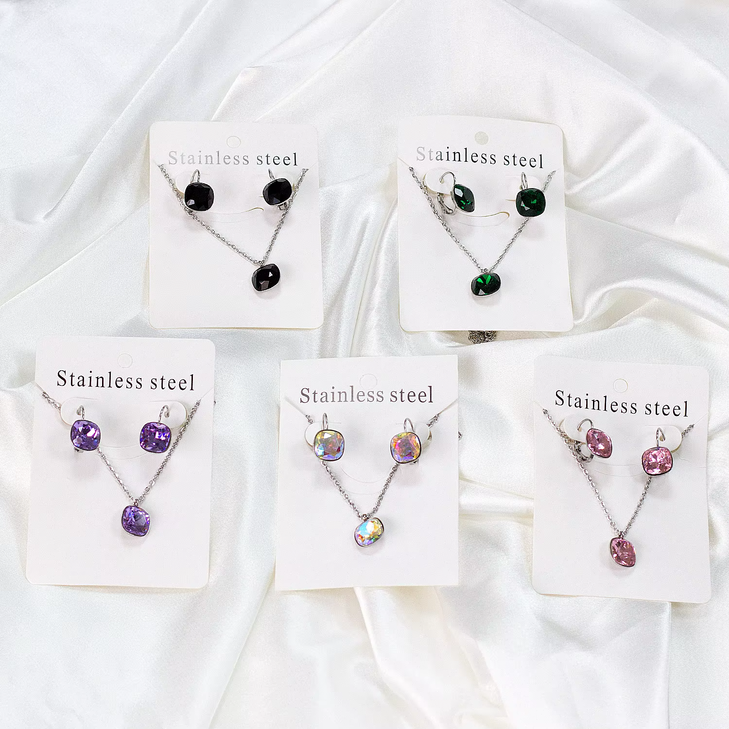 LUXUKISSKIDS carré cubique zircone ensembles de bijoux à la mode géométrique multi-coloré brillant cristal collier boucles d'oreilles ensemble en gros