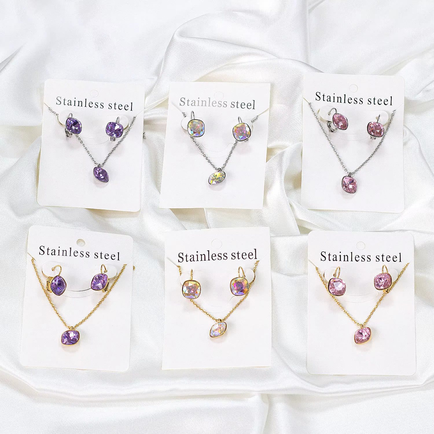 LUXUKISSKIDS carré cubique zircone ensembles de bijoux à la mode géométrique multi-coloré brillant cristal collier boucles d'oreilles ensemble en gros