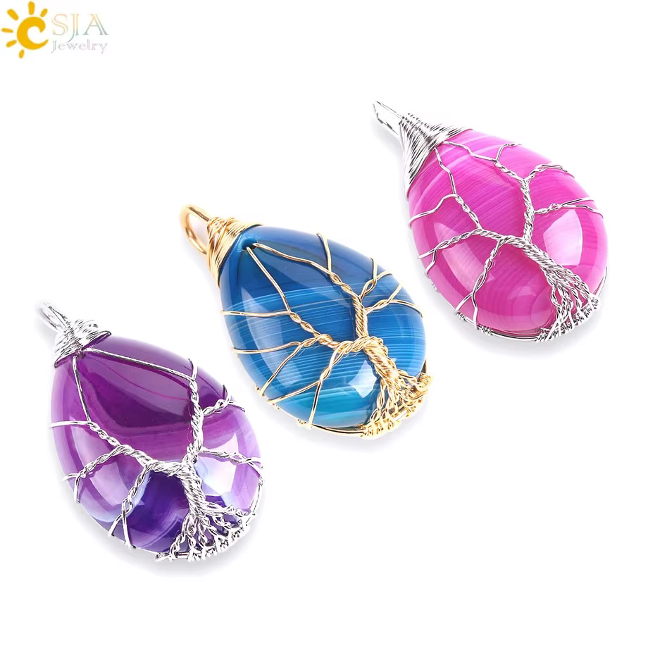 CSJA collier arbre de vie agate pierre naturelle pendentif