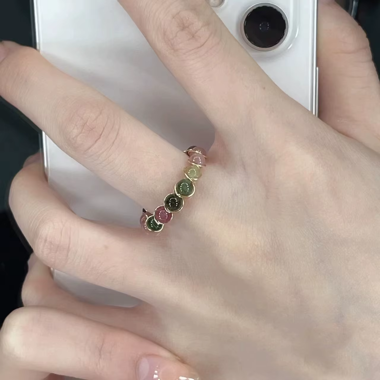 Colorful Tourmaline Ring for Women Fashion Retro Handmade Metal Wire Winding Beaded Open Adjustable