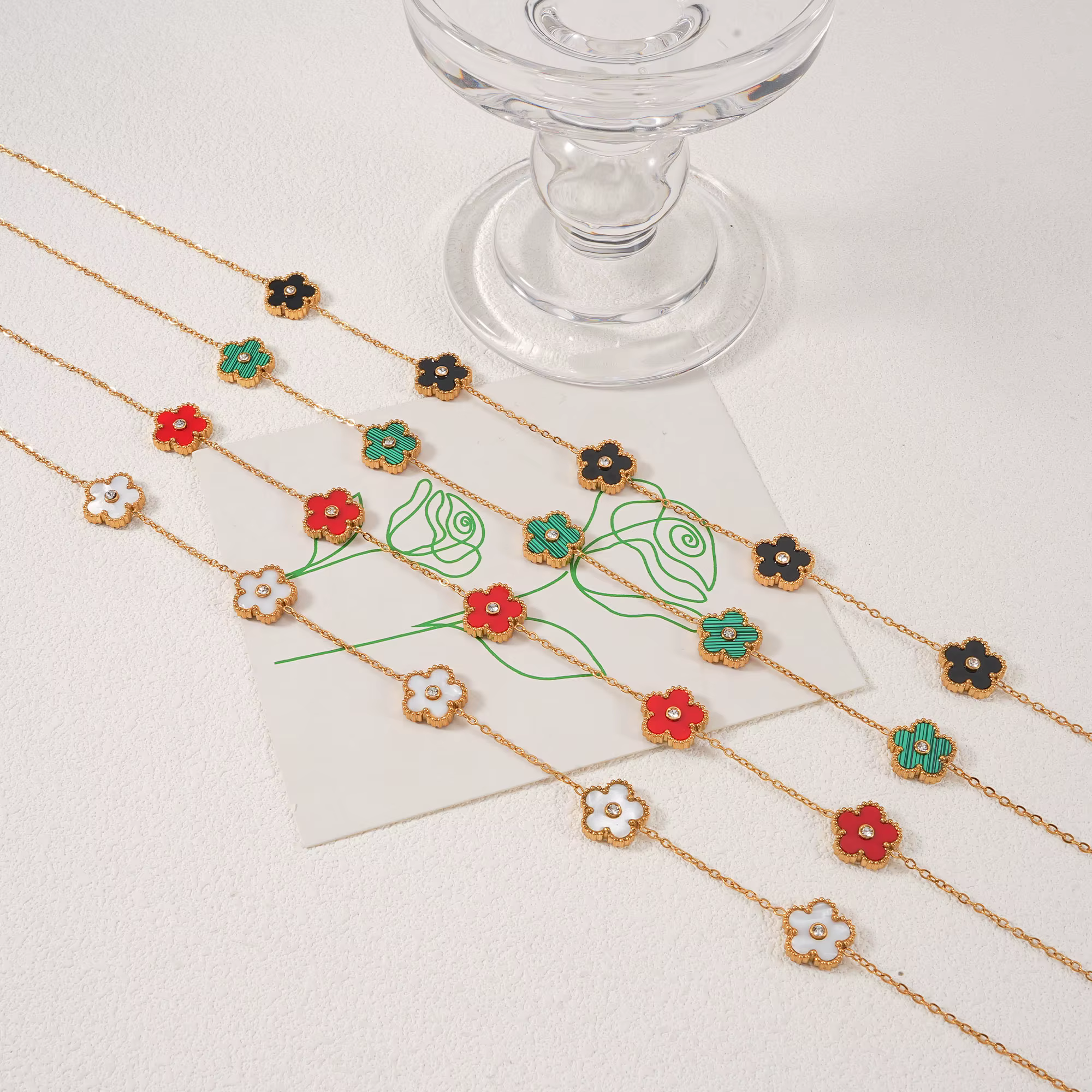 Collier Y vintage en or avec pendentif fleur pour femme