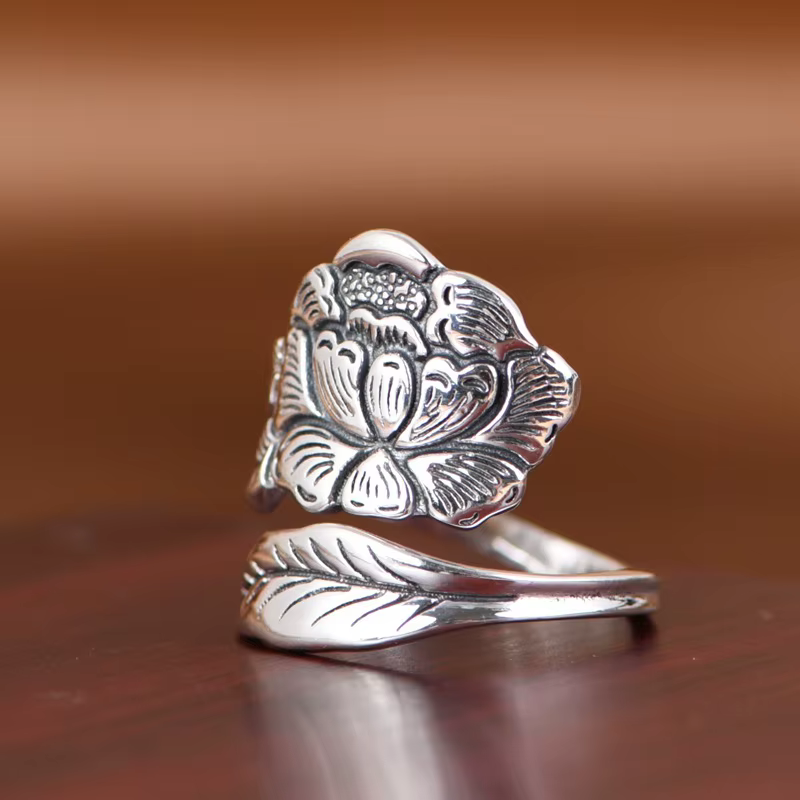 Buyee 925 en argent Sterling grand anneau doigt pivoine