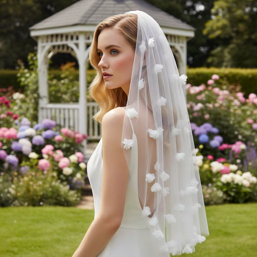Voile de mariée élégant en tulle avec appliques florales 3D