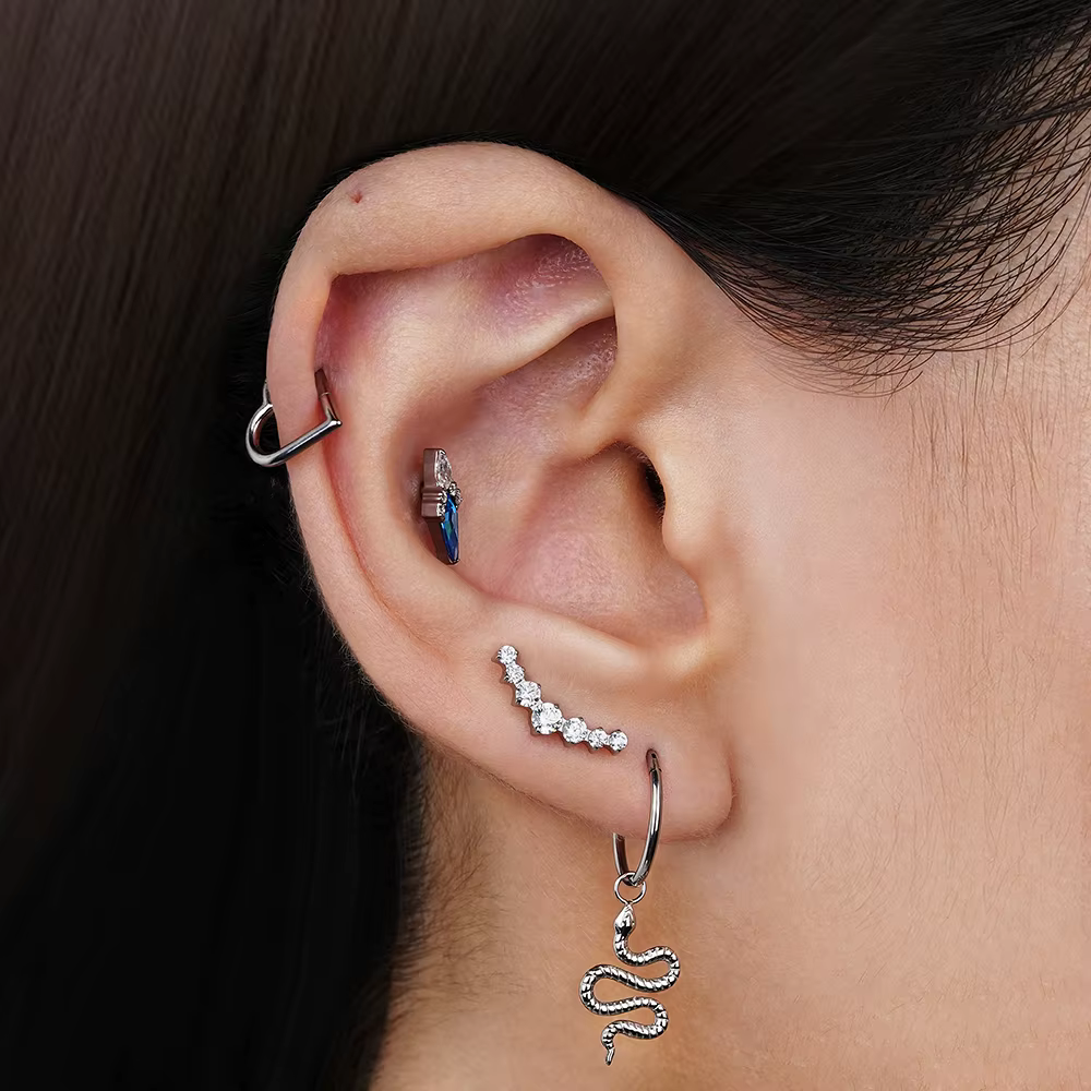 Right Grand ASTM F136 Titane 16G CZ Cluster Climber Boucle d'oreille à tige filetée interne Labret Helix Conch Tragus