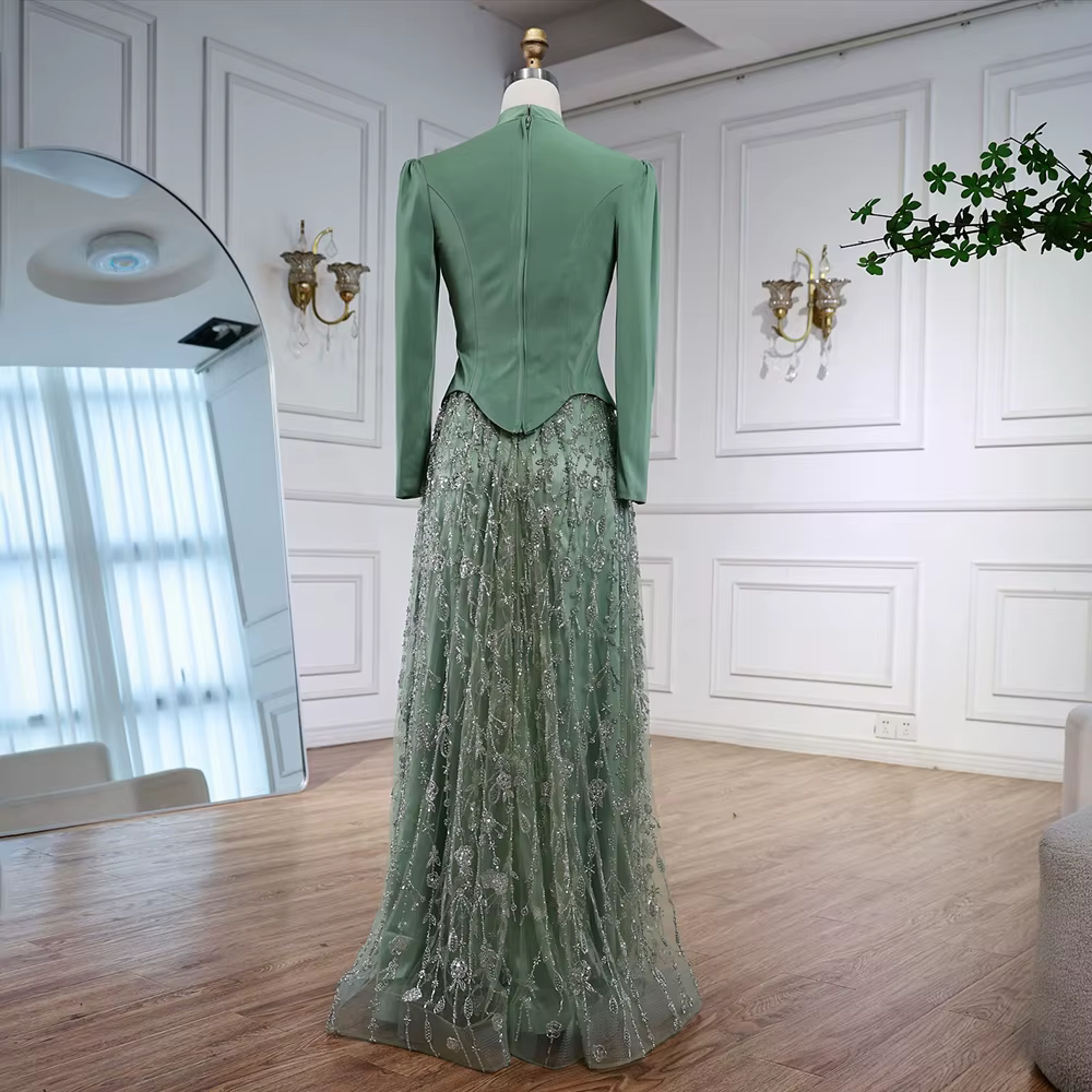 Robe de soirée musulmane verte sauge élégante