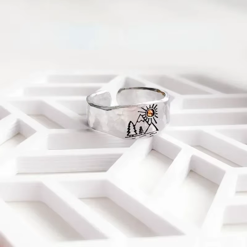 Bague Vintage forêt montagne coucher de soleil Nature paysage sculpté