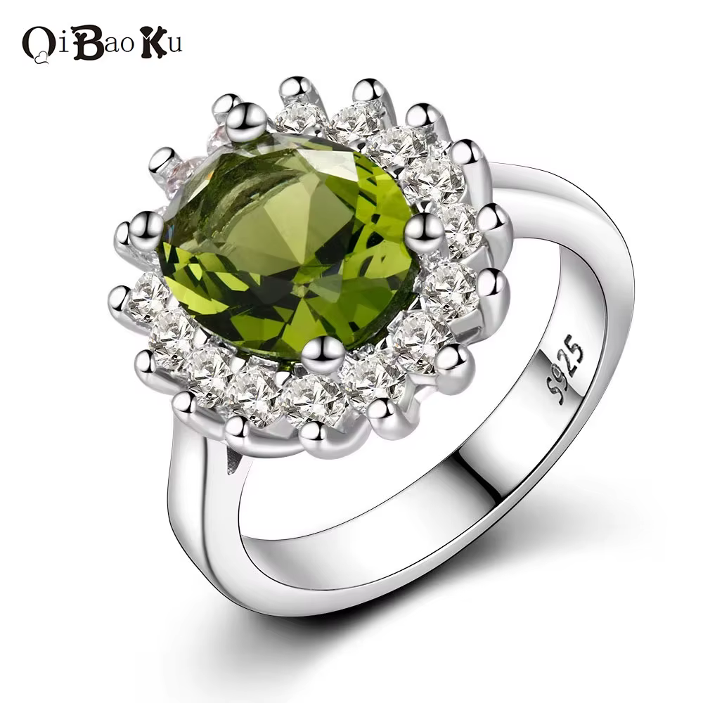 QIBAOKU rétro bague en argent pour femmes fleur anneaux avec péridot pierres brillant marque de luxe bagues de fiançailles de mariage bijoux