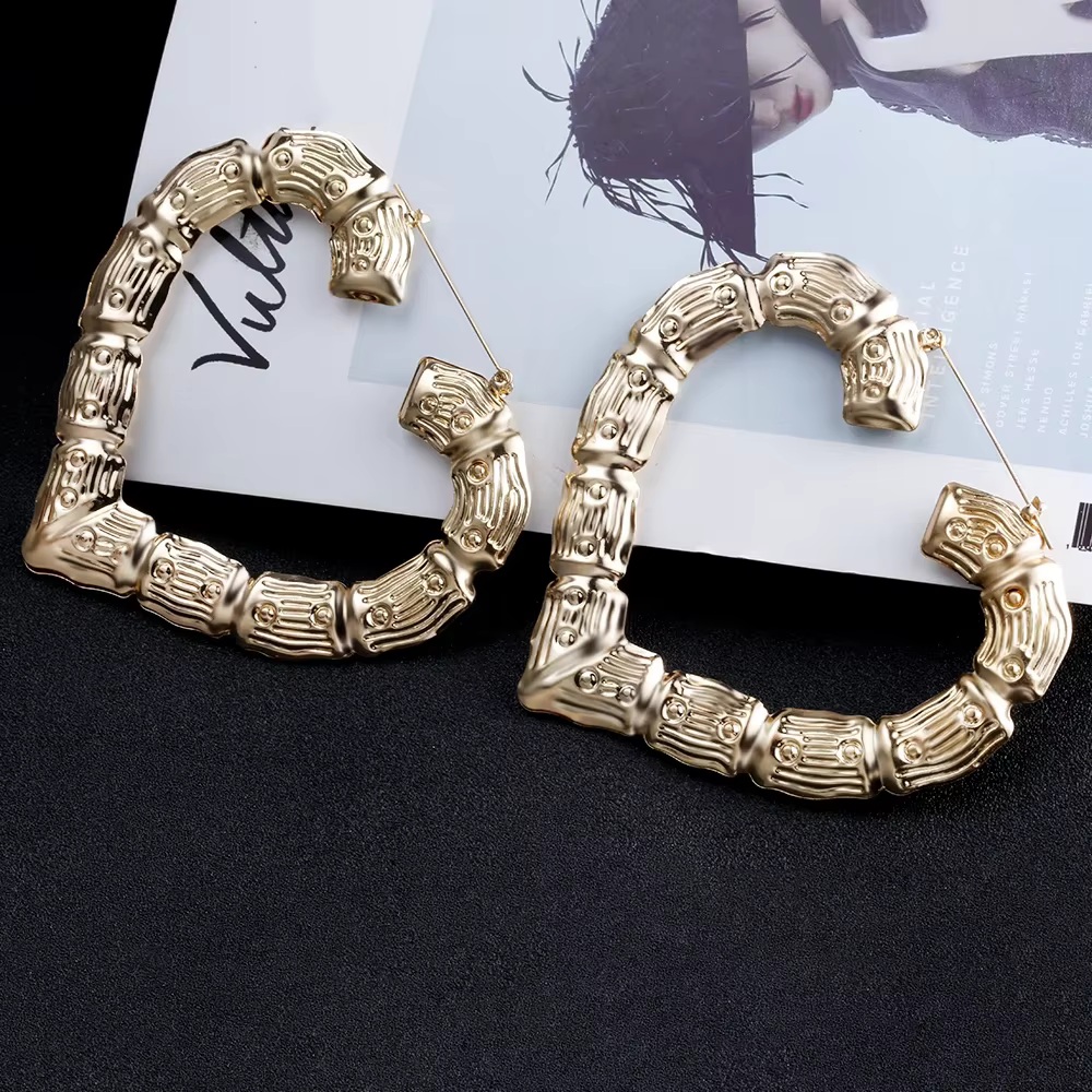Grandes Boucles d'Oreilles en Forme de Cœur en Bambou