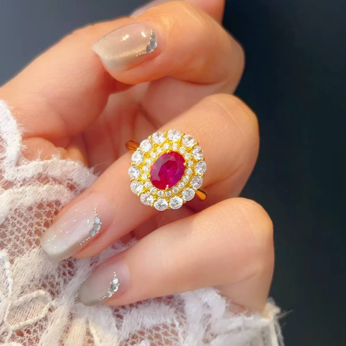 Bagues en rubis et diamant incrusté de style de luxe léger pour femmes