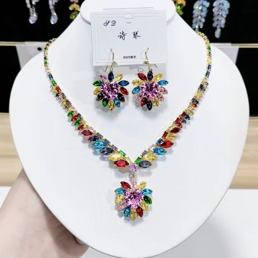 Ensemble collier et boucles d'oreilles de luxe en Zircon à la mode - Combo de bijoux élégants pour femmes