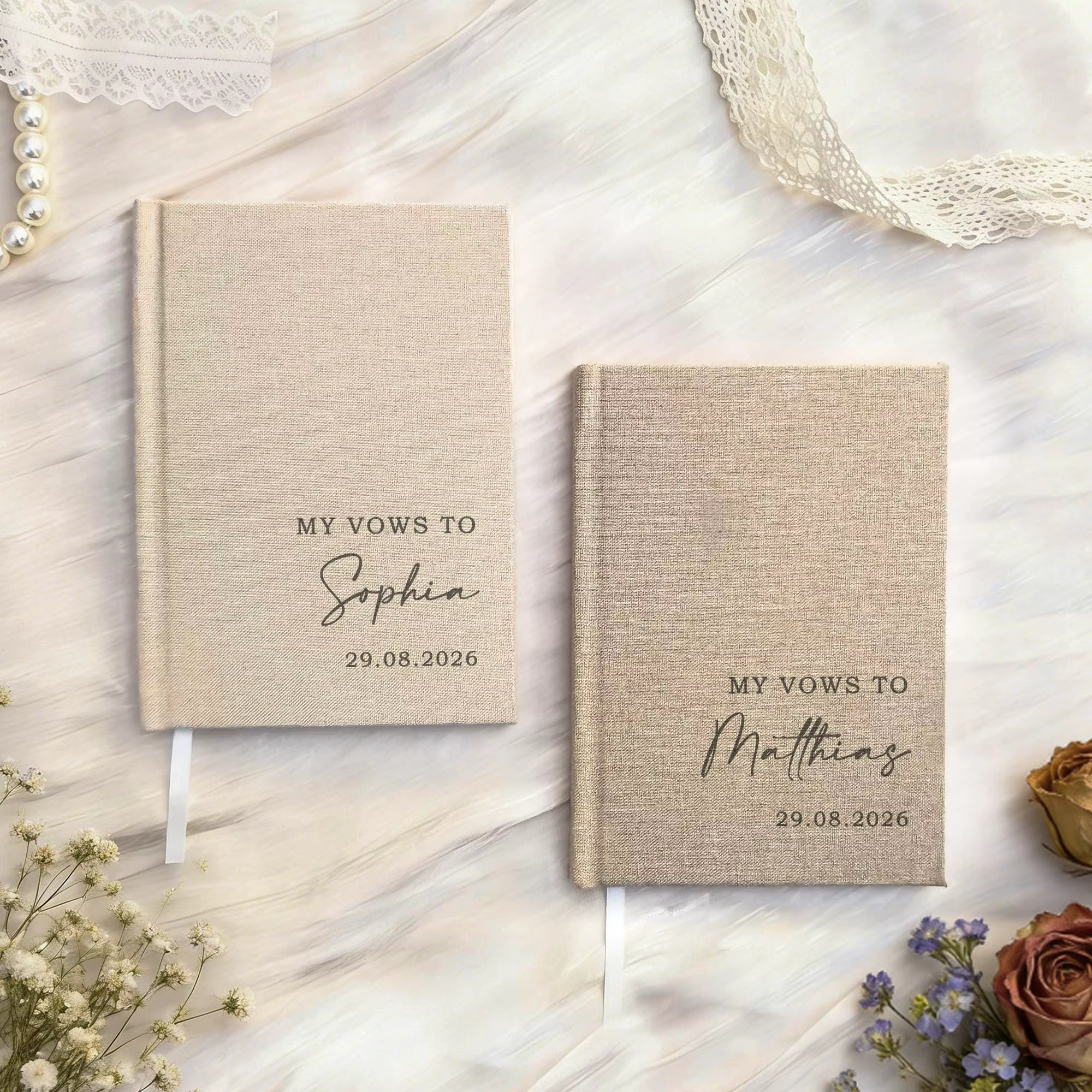 Coffret de 2 livrets de vœux de mariage personnalisés en lin
