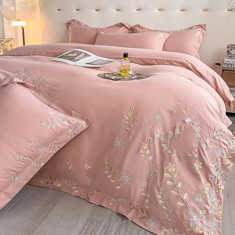 4 pièces/ensemble léger luxe 120s pur coton Floral brodé housse de couette taies d'oreiller drap-housse doux pour la peau ensemble de literie nue