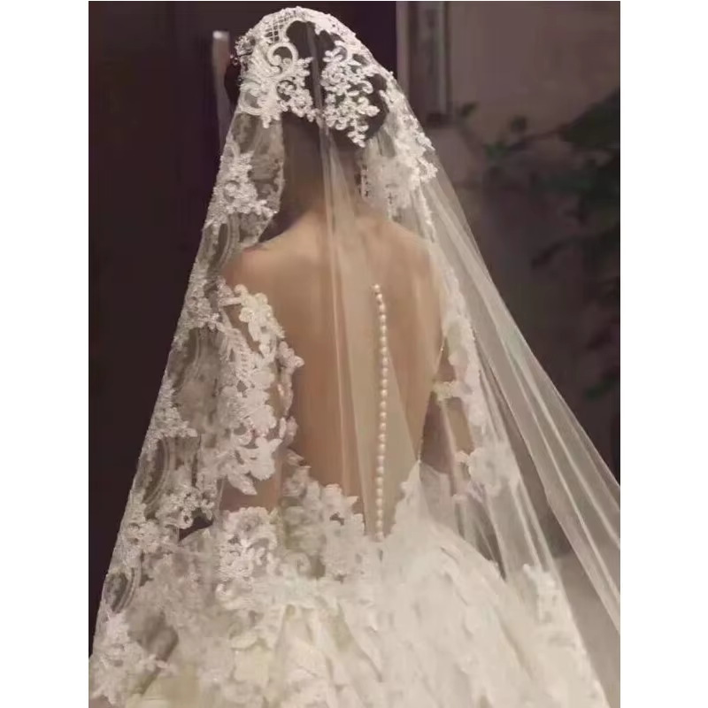 5m 4m 3m de Long Voiles De mariée De mariage dentelle Appiques bord 1 T Tulle cathédrale Voile avec peigne ivoire blanc