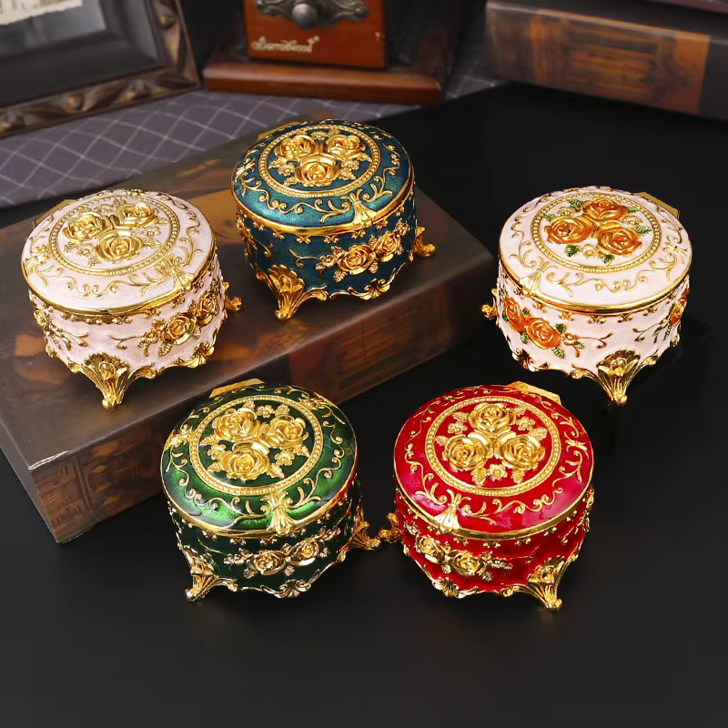 Boîte à bijoux ronde en émail style vintage européen pour coiffeuse