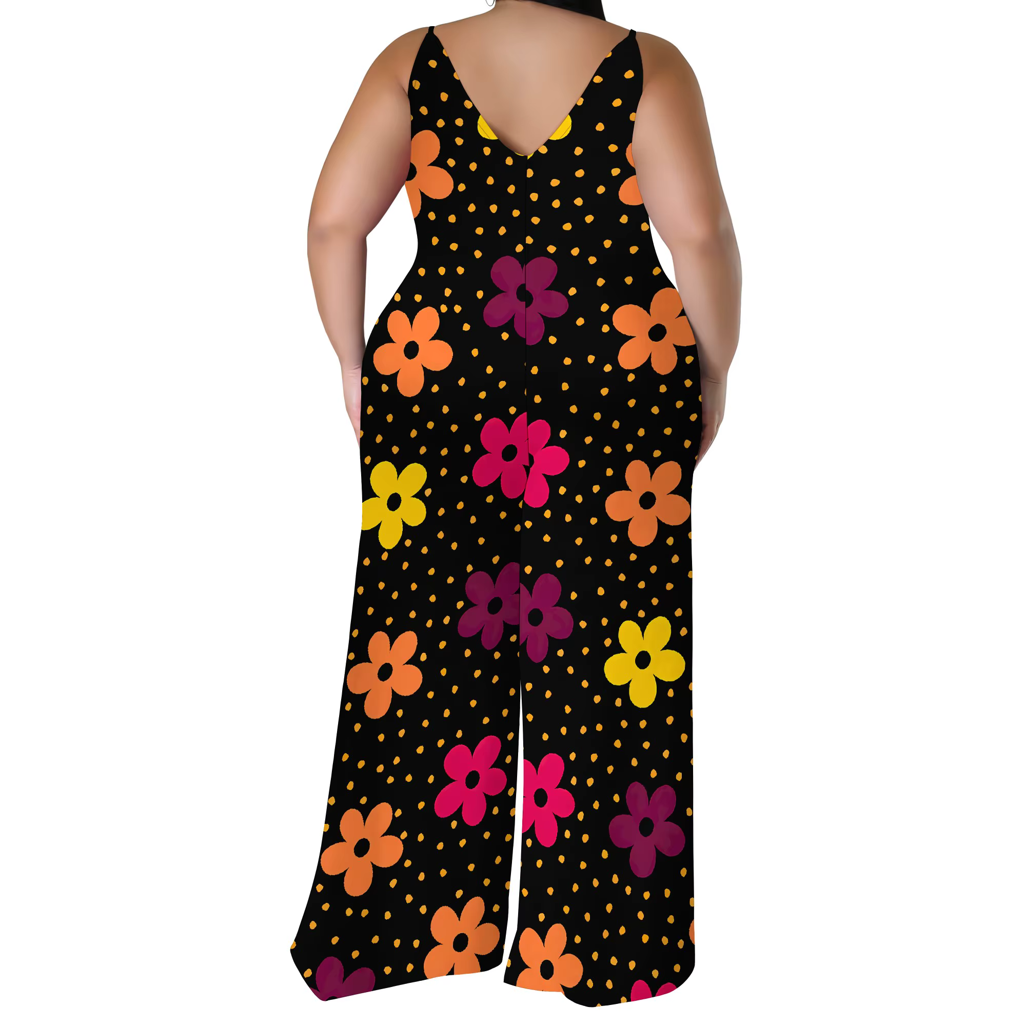 Combinaison florale grande taille – Barboteuse à jambes larges et épaules dénudées avec écharpe