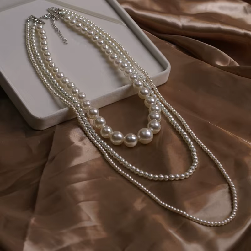 SHMIK Collier long multicouche élégant pour femme avec perles et camélias